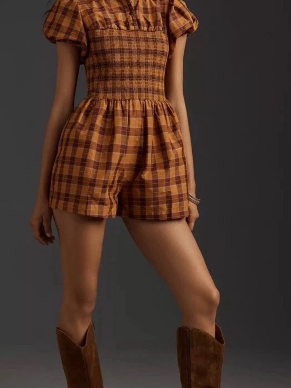 Anthropologie Maeve Puff-Sleeve Smocked Plaid Romper - Size Medium - Picture 3 of 15